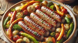 Ein griechische Hackfleischgericht mit traditionell längliche Würstchen