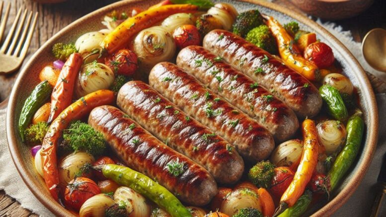 Ein griechische Hackfleischgericht mit traditionell längliche Würstchen